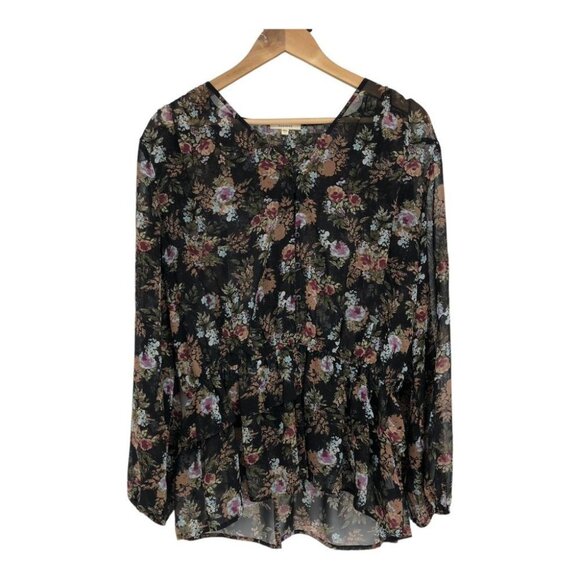 Pleione  Black Floral Peasant Tunic sheer balloon sleeve blouse LG - Picture 2 of 16